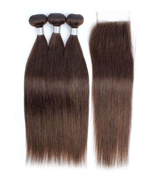 Kiss Hair Couleur 4 Chocolate Brown Hair raide 3 paquets avec fermeture en dentelle Vierge Indienne Remy Extensions de cheveux humains4742460