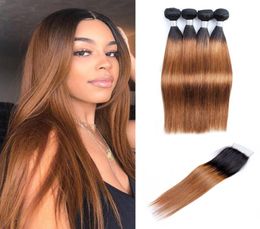 Kiss Hair T 1B 30 Dark Root Medium Auburn Sraight Ombre Human Hair Weave 4 Bundles con cierre de encaje Extensiones de cabello brasileño7687885