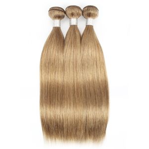 KISSHAIR 3 paquetes de cabello humano color # 8 rubio ceniza Remy brasileño extensión de cabello de doble trama sedoso recto 95 g / PC