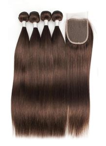 KissHair 4 paquets avec 44 fermeture à lacets couleur 4 brun foncé brésilien droit vierge cheveux armure Bundles4584773