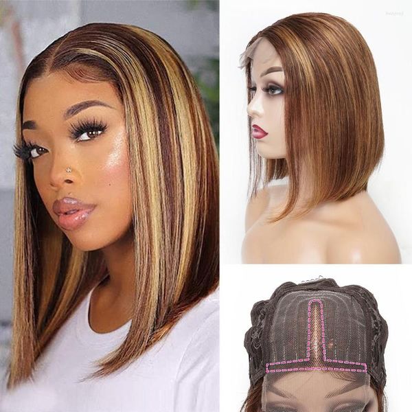 Kisshair P4/27 Bob perruque 4 1 T dentelle partie centrale perruques de cheveux humains 150% densité mettre en évidence miel blond foncé brun couleurs mélangées