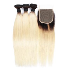 KISSHAIR T1B613 tejido de cabello liso 3 paquetes con cierre extensión de cabello de color rubio cabello brasileño virgen europeo