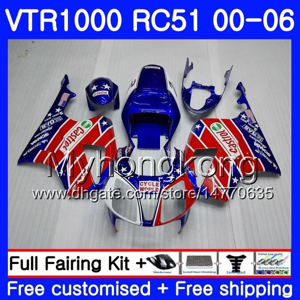 Kit para HONDA azul claro rojo VTR1000 RC51 SP1 SP2 00 01 02 03 04 05 06 257HM.6 RTV1000 VTR 1000 2000 2001 2002 2003 2004 2005 2006 Carenado