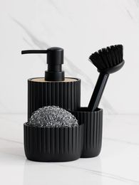 Accessoires de cuisine Dispensateur de pompe à savon avec porte-éponge et support de brosse 3 en 1 dispensateur de savon à main liquide en bois noir 240419