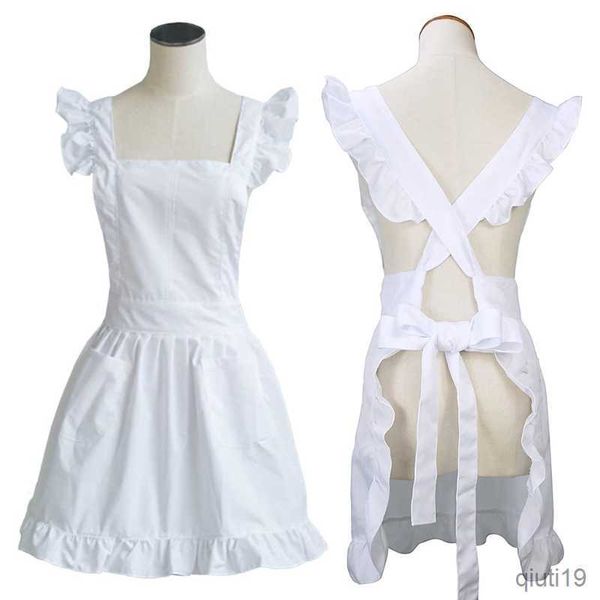 Delantal de cocina para mujer, niñas, volantes, contorno, Retro, blanco, ajustable, mucama, Cosplay, cocina, pastel, hornear, limpieza, R230710