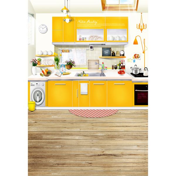 Telón de fondo de cocina Piso de madera Muebles amarillos Fondo Fotografía Interior Bebé Recién nacido Booth Props Niños Niños Photo Studio Telones de fondo