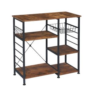 Keuken Baker's Rack met Wire Mand 6 Haken Microgolfoven Stand Metalen Frame Wood Look Stevige en Easy Assembly