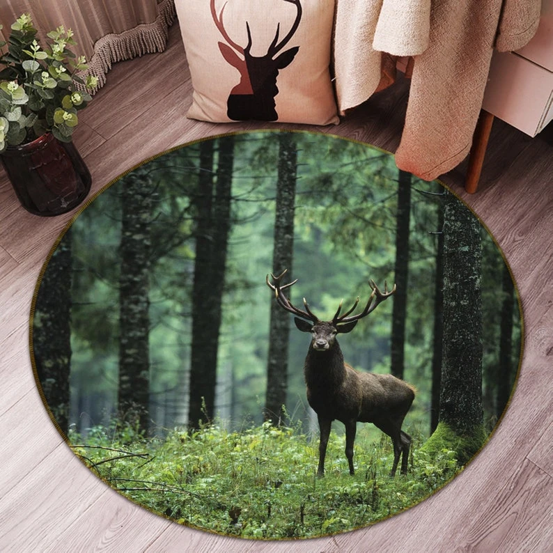Kitchen Bathroom Floor Waterproof Carpet Mat Animal Deer Dusk Forest Anti-Slip Room Round