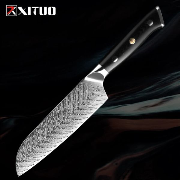 Kitchen Chef Couteau 7 pouces Santoku Couteau multifonction couteaux de cuisine Damas Acier inoxydable Best Shince en carbone High-Carbone