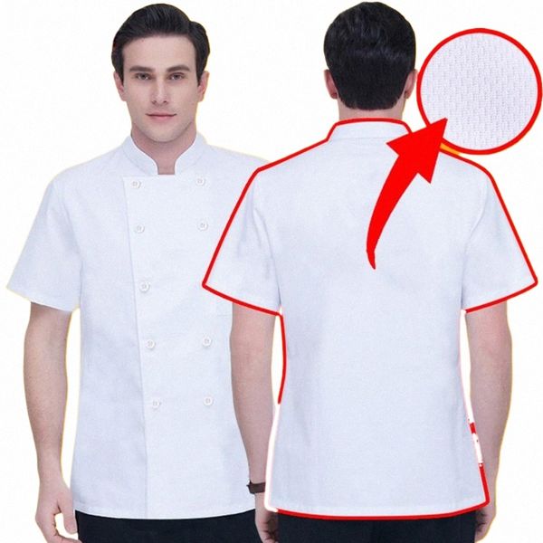 Cocina Chef Uniforme Panadería Servicio de alimentos Cocinero Malla Espalda Cuello alto Camisa de manga corta Transpirable Doble botonadura Chef Ropa n2Dd #