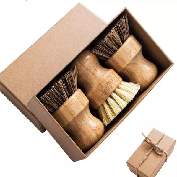 Brosse de nettoyage de cuisine en Sisal Palm Nan bambou, brosse à vaisselle ronde à manche court, brosse pour Pot de vaisselle, vente en gros, 0909