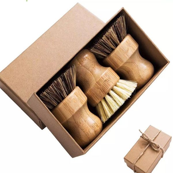 Brosse de nettoyage de cuisine en Sisal Palm Nan bambou, brosse à vaisselle ronde à manche court, brosse pour Pot de vaisselle, vente en gros