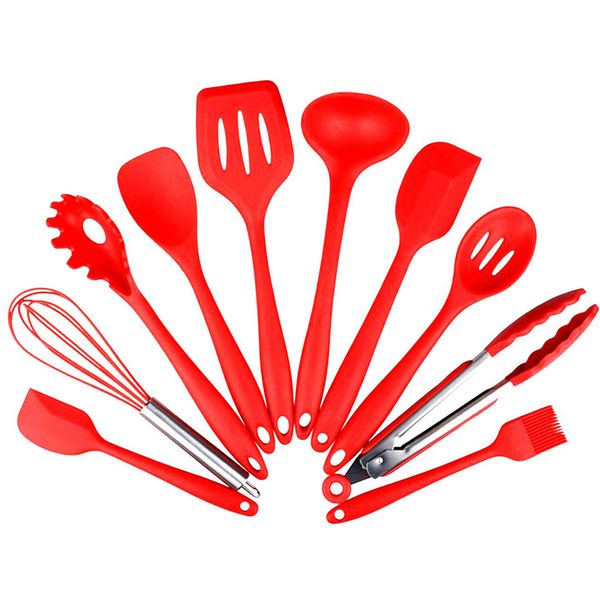 Cuisine Outils de cuisine 10pcs Set silicone chef cuisinier Spatule cuillère Eggbeater cuisine cuisson Outils Rouge \ Noir