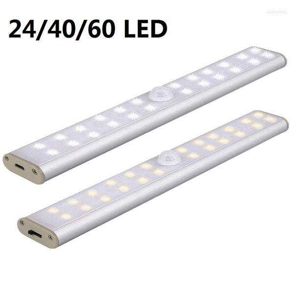 Luces de armario con Sensor de movimiento para armario de cocina, 24/40/60 LED, luz para debajo de gabinete, iluminación con batería recargable para armario interior