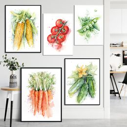 Decoración de la cocina acuarela póster de vegetales tomates de zanahorias lienzo huellas estampados arte de pared imágenes decoración del hogar