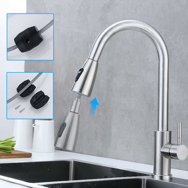 Robinet de cuisine Noirci Mitigeur Pull Down Blanc Robinet de Cuisine Monotrou 360 Degrés Brossé Nickel Robinets Mitigeur D'eau 210724