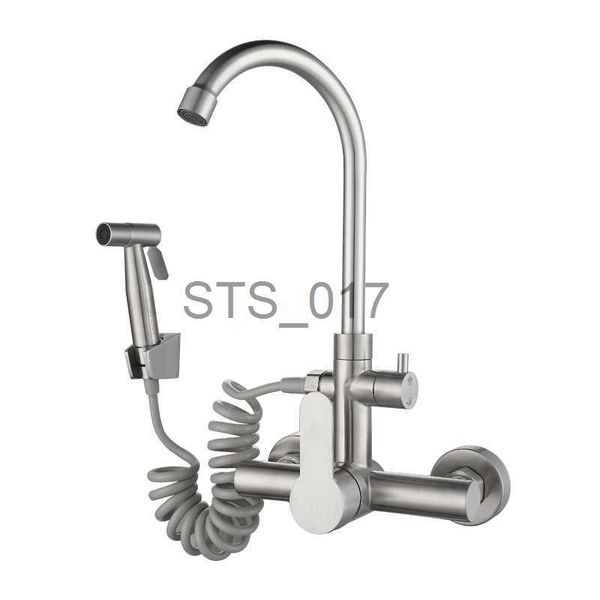 Grifos de cocina 1pc 304 Acero inoxidable Doble orificio Mezcla caliente y fría Grifo de cocina Montaje en pared Balcón Lavandería Grifo giratorio con pistola rociadora x0712