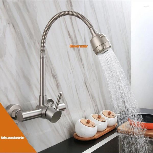 Grifos de cocina 304 de acero inoxidable en la pared y lavabo de doble orificio frío, grifo universal con rociador de agua