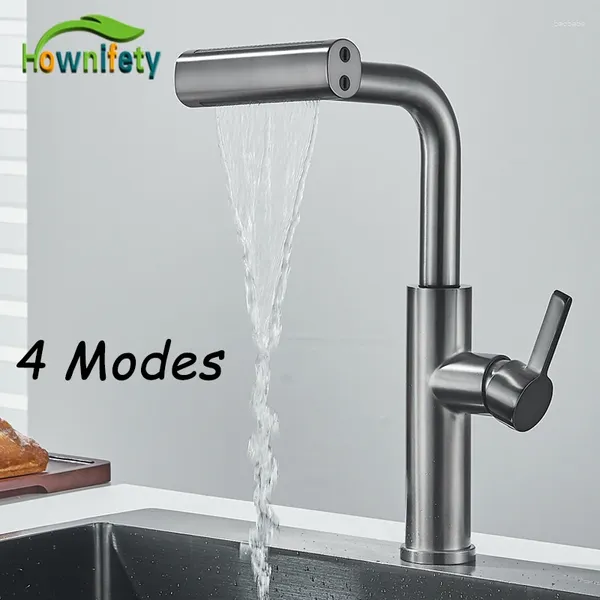 Grifos de cocina 4 modos grifo gris tirador de cascada rociador de cascada fregadero mezclador de agua cepillada accesorios de toque de agua de níquel