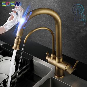 Keukenkranen Antiek 3 manieren aanraken filterkwaliteit messing koud drinkwater kraan vintage slimme sensor faucetkitchen