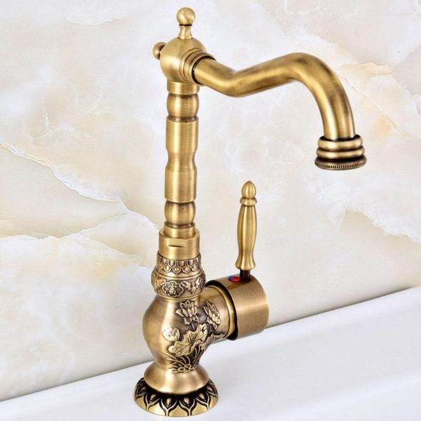 Robinets De Cuisine En Laiton Antique Sculpté Fleur Motif Mitigeur Un Trou Salle De Bains Lavabo Évier Bec Pivotant Robinet Mitigeur Asf128