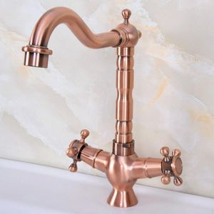 Keukenkranen Antiek koper Dubbele handgreep Swivel tuitbassin kraan dekbevestiging Badkamer wastafel kou en watermixer Tap DNF618