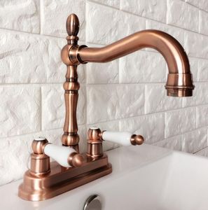 Grifos de cocina de cobre rojo antiguo, grifo de montaje en cubierta de 4 pulgadas y 2 orificios para lavabo de baño, grifo mezclador frío, grifos de agua con doble manija