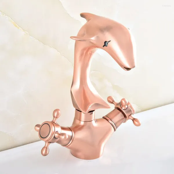 Robinets de cuisine Antique Red Copper Brass Spout Spout Double Cross Handles Animal Animal Dolphin Style Bathroom Savel Robinet mélangeur Tap MSF848
