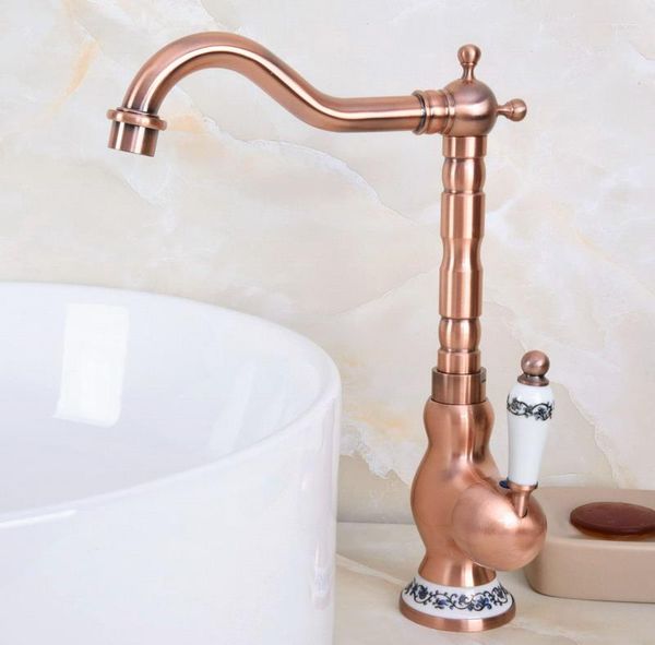 Robinets de cuisine Cuivre rouge antique Laiton Base en céramique Wet Bar Salle de bain Navire Lavabo Robinet Mitigeur à bec pivotant monotrou Tapanf638