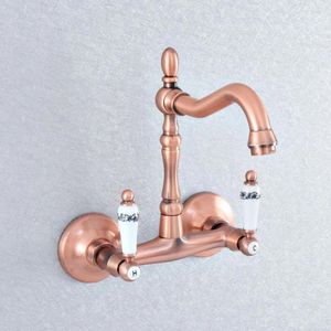 Keukenkranen Antiek rood koperen Swivel Spout wastafel kraan muur montage badkamer bassin koud en mixer tapsd Water Taps DSF870