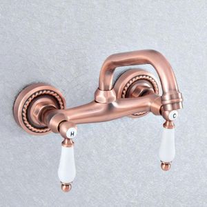 Keukenkranen Antiek rood koper Wasbasine kraan Wandbevestiging Wastafwijking Swivel Swivel Badkamerbassin Koud water Taps DSF886