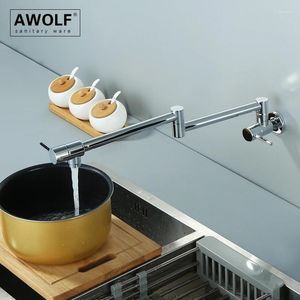 Robinets de cuisine awolf en laiton solide remplissage de chrome chromé robinet pliant mur mur à 360 degrés à un pavé à trou de trou unique FW008