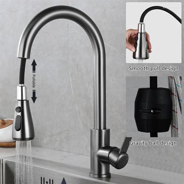 Grifos de cocina Grifo de lavabo Mezclador de acero inoxidable 304 Agua fría Mangueras de 80 cm Extraíble Rotación de 360 ​​Válvula de cerámica Cepillo de superficie central