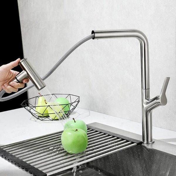 Grifos de cocina Mezclador de lavabo Grifos de agua Cuerpo 304 Acero inoxidable 360 Rotación Stream Spray Out Modelo Mangueras Pull