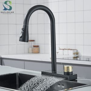 Kitchen Faucets Big Waterfall Black Cold Mixer Taps Single Hole Tap Rotatable Handle Sink Gray 230510