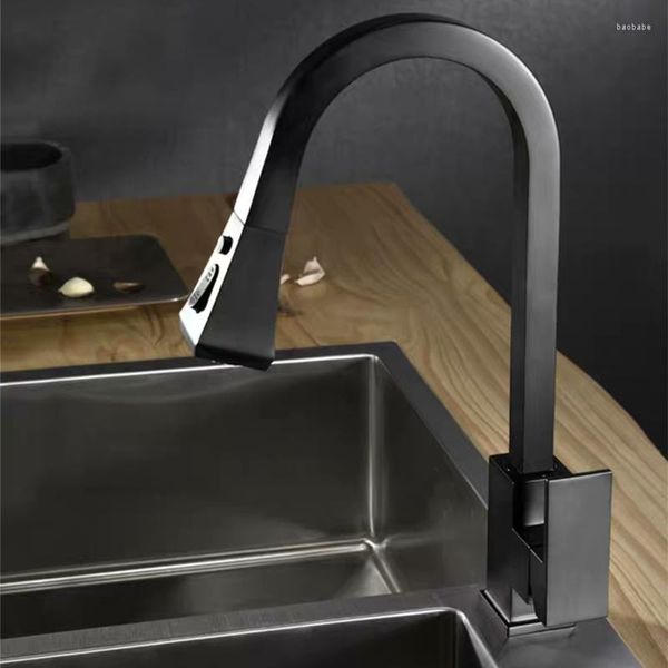 Robinets de cuisine en laiton noir 360 Rotation Pull Out Mitigeur Bouton Pour Commuter Deux Modes De Sortie Bec Eau Mixte Évier Robinets