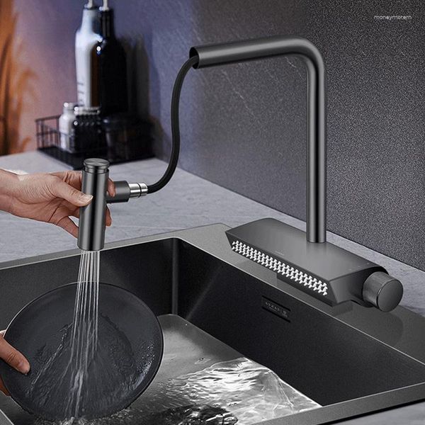 Robinets de cuisine Robinet cascade en laiton noir et eau froide, interrupteur à double support, robinet mitigeur extractible à 360 degrés