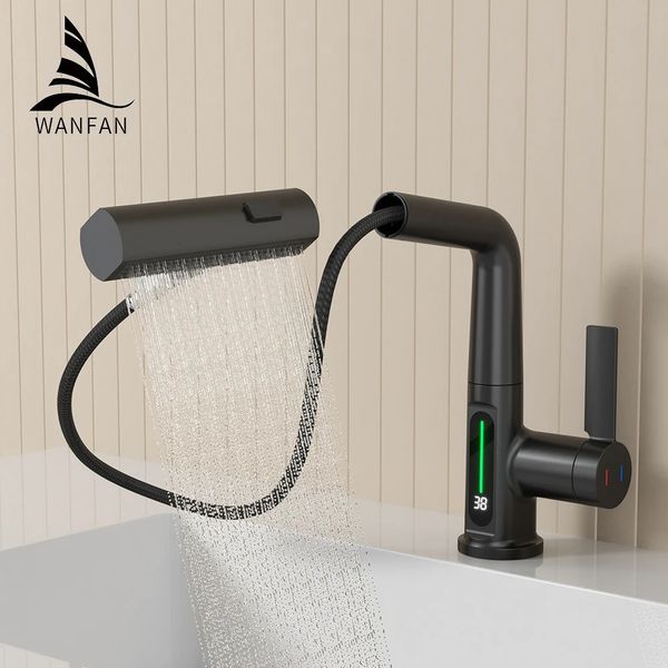 Grifos de cocina Grifo negro Cascada Temperatura Pantalla digital Cuenca Extraíble Pulverizador frío Fregadero de agua Mezclador Grifo de lavado para baño 231127