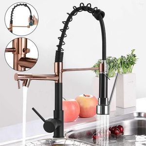 Keuken kranen zwart gouden veer trek kraanmondstuk dubbele modus watermixer eenmalige handvat koude 2 uitlaat swivel kranen