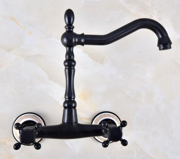 Grifos de cocina Grifo de lavabo de baño montado en la pared con base de cerámica de bronce frotado con aceite negro, grifo mezclador con caño giratorio, manijas cruzadas dobles Anf873