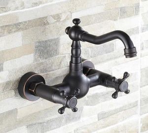 Keukenkranen Zwarte Olie Gewreven Brons Wall Mount Natte Bar Badkamer Wastafel Kraan Dual Cross Handle Atf011