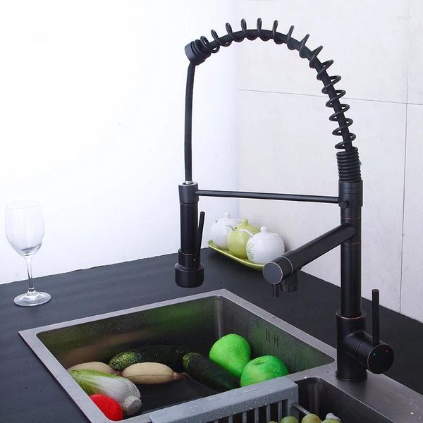 Robinets de cuisine évier noir, pulvérisateur latéral extractible, mitigeur de lavabo à double bec, longue poignée unique, robinet rotatif à 360 degrés