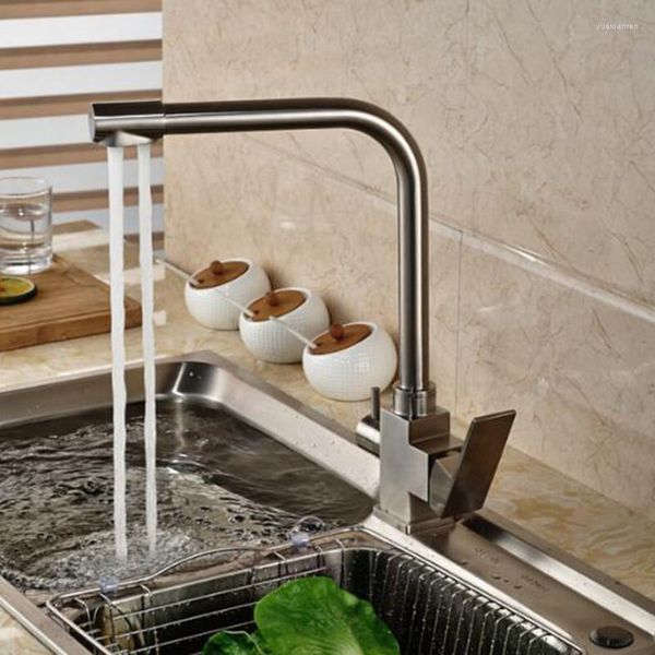 Robinets de cuisine en laiton carré et bassin froid purificateur d'eau robinet 360 degrés rotatif Double poignée monotrou