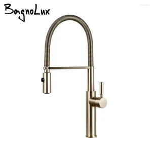 Kitchen Faucets Brushed Gold Brass Mixer For Sink Single Lever Pull Out Spring Spout Tap Cold Water 1036