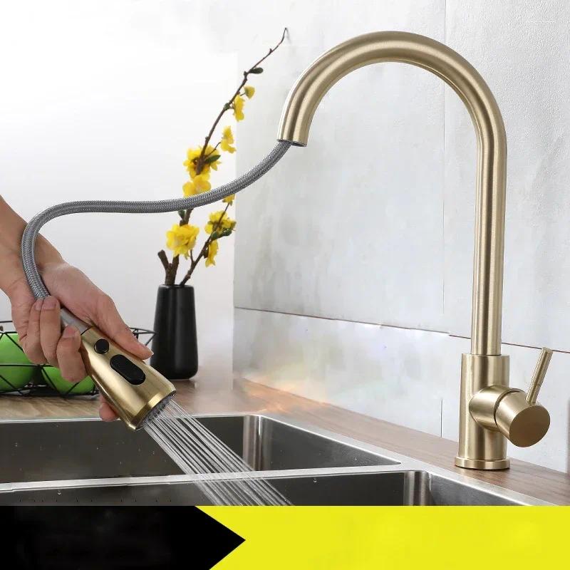 Kitchen Faucets Brushed Gold Single Handle Pull Out Tap Stream Sprayer Head Hole And Cold Water Mixer