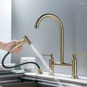 Robinets de cuisine mélangeur d'eau d'évier en or brossé, robinet à Double sortie, ensemble de robinets avec pulvérisateur