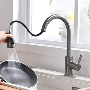 Robinets de cuisine en nickel brossé robinets de cuisine à trou unique Tire hors bec de cuisine Mixer Tap pulvérisateur pulvérisateur chromemixer Tap 230221