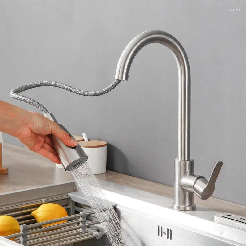 Kitchen Faucets Brushed Stainless St Faucet Single Hole Pull Out Spout Sink Mixer Tap Stream Sprayer Head