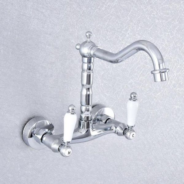 Grifos de cocina Caño giratorio de latón cromado Grifo de lavabo Perilla doble Manija de palanca de cerámica Grifos de lavabo de baño y grifo de agua fría 2sf775