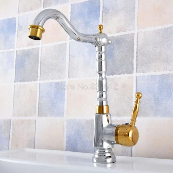 Grifos de cocina, grifo mezclador de lavabo de baño de latón dorado cromado, grifos mezcladores, caño giratorio, agua fría Tsf804